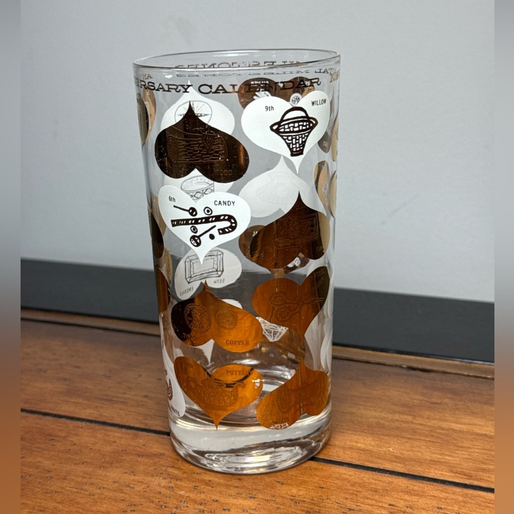Vintage Wedding Anniversary Glass Hearts Cocktail Highball Gold White MCM